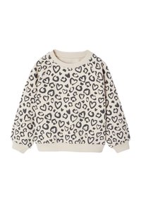 Beige Sweatshirt mit Herz- und Leopardenmuster, Rundhalsausschnitt, langen Ärmeln sowie elastischen Bündchen und Saum. Weiche Textur.