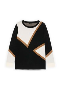 Maglione intrecciato nero, bianco e marrone con blocchi di colore geometrici, collo rotondo e maniche lunghe. Texture morbida con schemi a contrasto.