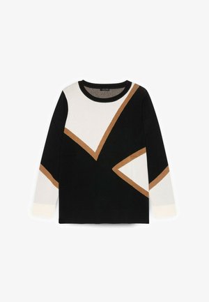 Sort, hvid og brun strikket sweater med geometriske farveblokke, rund hals og lange ærmer. Blød tekstur med kontrasterende mønstre.