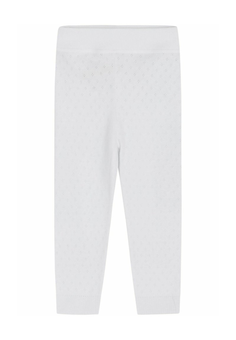 White leggings with a textured diamond pattern, featuring a soft elastic waistband and fitted cuffs at the ankle. Smooth fabric finish.