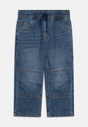 Denimshorts med elastisk midjebånd og snor, med to frontlommer og en avslappet passform. Mørkeblå farge med synlige sømmer.