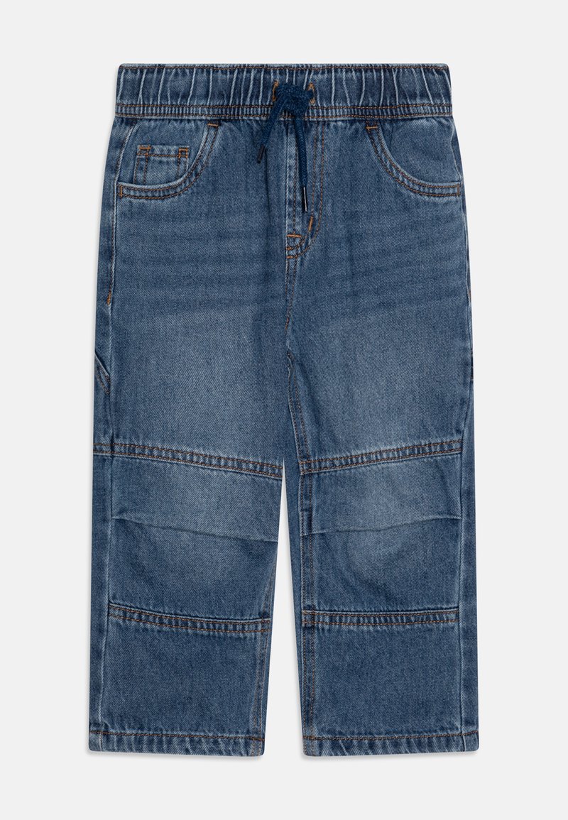 Jeans kratke hlače z elastičnim pasom in vrvico, z dvema sprednjima žepoma in sproščenim krojem. Srednje modra barva z vidnim šivom.