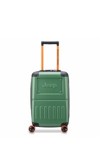 Valigia rigida verde con accenti neri, dotata di manico telescopico arancione e ruote. Logo Jeep impresso sul davanti.