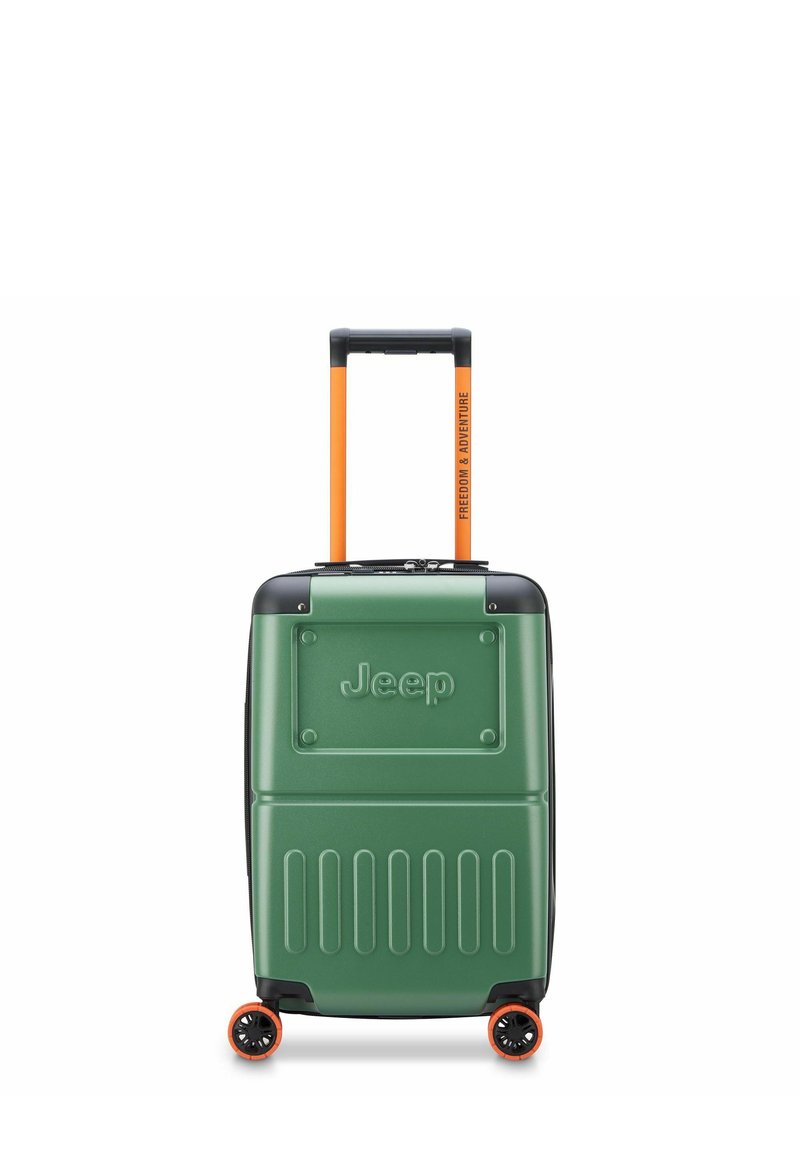 Valigia rigida verde con accenti neri, dotata di manico telescopico arancione e ruote. Logo Jeep impresso sul davanti.