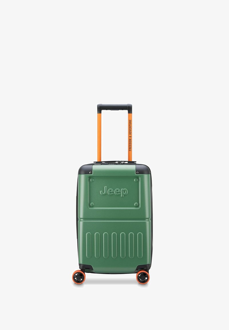 Valigia rigida verde con accenti neri, dotata di manico telescopico arancione e ruote. Logo Jeep impresso sul davanti.