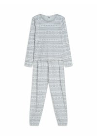 Jasnoszary komplet piżamowy składający się z długiego rękawa oraz dopasowanych spodni. Wzorzony w geometryczne kształty i płatki śniegu w ciemniejszych odcieniach szarości.