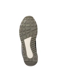 Semelle d'une sneaker avec une base en caoutchouc épaisse, surface texturée avec des carrés et des rainures, et un intercalaire blanc allongé.