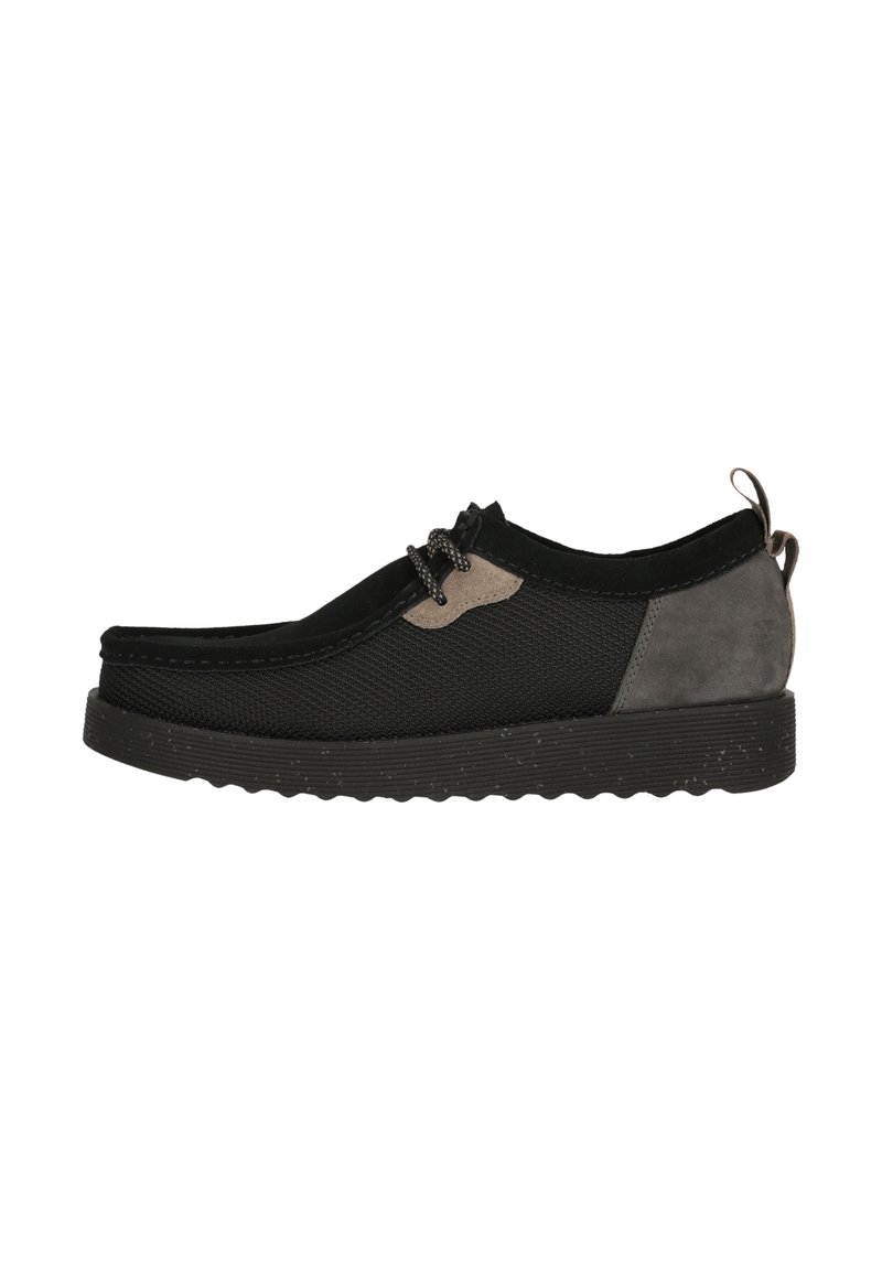 Black mesh and suede slip-on shoe with grey accents, round toe, textured midsole, and lacing detail, featuring a pull tab at the heel.
