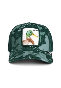 Cappello in corduroy verde con motivo camouflage, una toppa quadrata con un ricamo di un'anatra e la parola "LUCKY" sopra l'immagine.