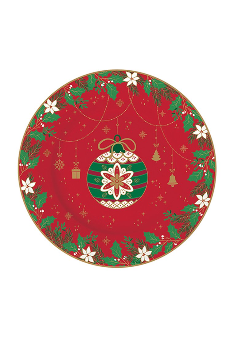 Piatto rotondo rosso con un design d'ornamento verde, fiori bianchi e dettagli dorati, arricchito da elementi festivi come alberi e regali.