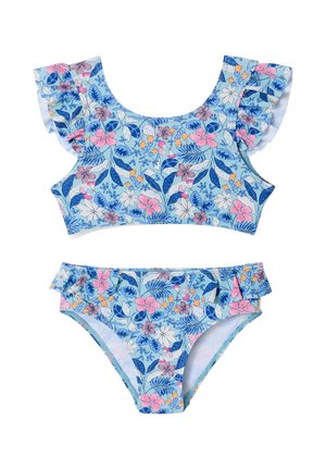 Two-piece girls' swimsuit with light blue background, pink and white floral print, ruffled short sleeves on top, and ruffles on the bottom sides.