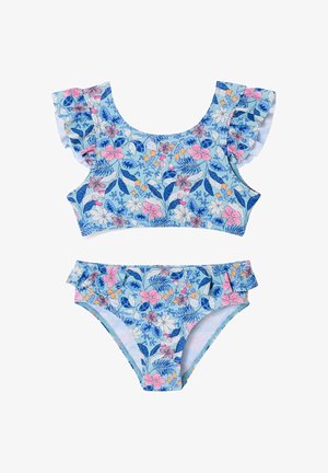 Zweiteiliger Mädchen-Badeanzug mit hellblauem Hintergrund, rosa-weißem Blumenmuster, gerafften kurzen Ärmeln am Oberteil und Rüschen an den unteren Seiten.