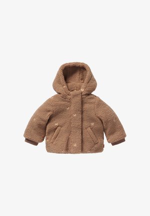 Veste à capuche brune et duveteuse avec des détails brodés floraux et deux poches avant, conçue pour les enfants.