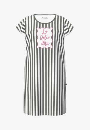 Kurzärmeliges, knielanges Kleid mit schwarz-weißen vertikalen Streifen und einem weißen Aufnäher mit rosa Schriftzug "La Dolce Vita" vorne.