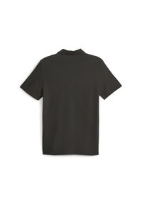 Ciemnoszara koszulka polo z krótkim rękawem, teksturowany materiał, kołnierzyk, bez widocznych wzorów lub dodatków. Widok z tyłu, prosty design.