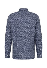 Langärmliges Hemd in Marineblau mit einem weißen abstrakten Muster. Verfügt über einen Stehkragen und knöpfbare Manschetten. Leichte Stofftextur.