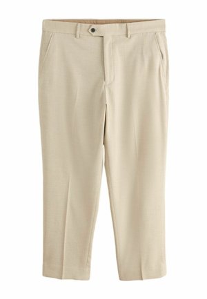 Beige strukturierte Hose mit geradem Bein, Gürtelschlaufen, Knopf vorn, Reißverschluss und schrägen Seitentaschen.