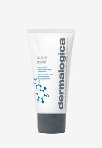 Feuchtigkeitscremetube mit weißem Körper, grauem Deckel und blauem molekularem Design. Der Text enthält "active moist" und "dermalogica." Professionelles Hautpflegeprodukt.