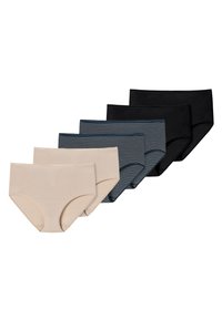 Cinque paia di culotte hipster da donna in beige, grigio scuro e nero. Le caratteristiche includono una texture liscia e sottili motivi a righe.