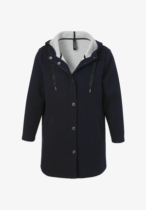 Navy blue long hoodie with snap button closure, side pockets, and light gray inner hood lining with drawstrings.