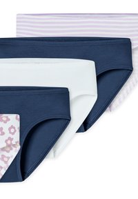 Quattro paia di mutandine da donna: blu navy, bianche e con righe viola chiaro a fiori. Realizzate in cotone, con morbidi elastici in vita.