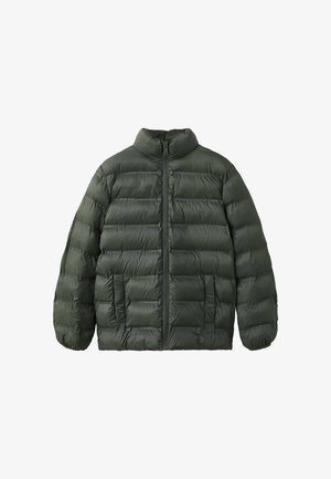 Puhasta jakna v temno zeleni barvi, s visokim ovratnikom, zadrgo spredaj in dvema stranskima žepoma. Teksturiran prešiti dizajn z napihnjenimi odseki.