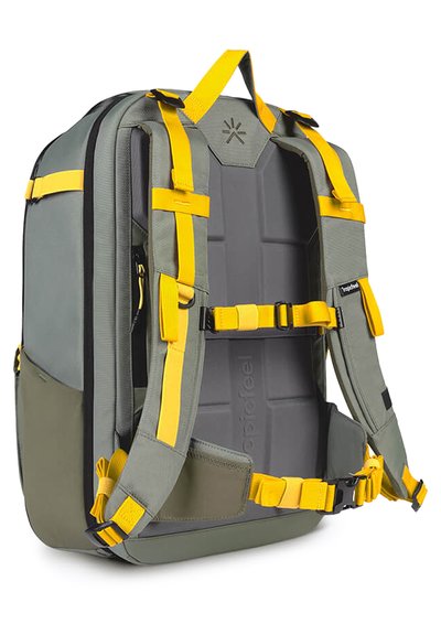 Gray and green backpack with yellow straps, adjustable padded shoulder straps, and a textured back panel. Features side and front pockets.