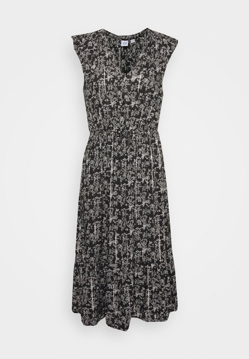 Robe midi noire sans manches avec petit imprimé floral blanc, col en V, taille froncée et jupe légèrement évasée.