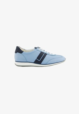 Light blue leather sneaker with navy accents, white laces, and a textured sole. Features a smooth finish and logo detail on the side.