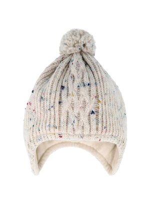 Knit beanie in cream color with multicolored speckles, featuring a cable knit design and a pom-pom on top. Soft lining for comfort.