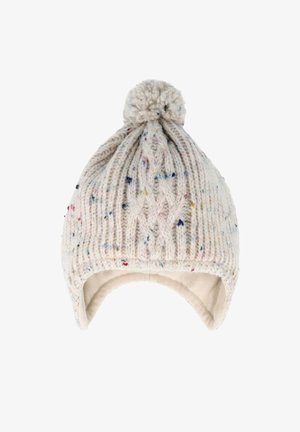 Knit beanie in cream color with multicolored speckles, featuring a cable knit design and a pom-pom on top. Soft lining for comfort.