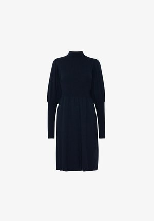 Donker marineblauw gebreid jurk met lange mouwen, hoge halslijn en geplooide buste. Heeft een flatterende taille en een vloeiende rok.