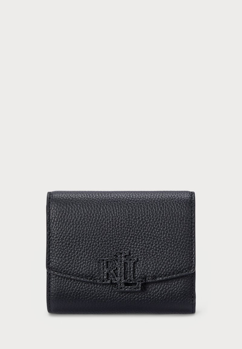 Black leather wallet with a textured finish and embossed logo on the front; features a flap closure and compact rectangular shape.