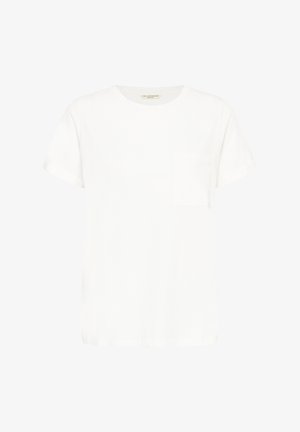 T-shirt bianca a maniche corte con scollo rotondo, una piccola tasca sul petto e orlo dritto.