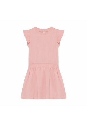 Hellrosa Kinderkleid mit gerafften kurzen Ärmeln, rundem Ausschnitt, elastischem Taillenbund und gerafftem Rock.