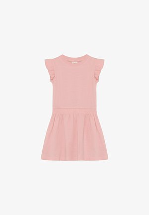 Hellrosa Kinderkleid mit gerafften kurzen Ärmeln, rundem Ausschnitt, elastischem Taillenbund und gerafftem Rock.