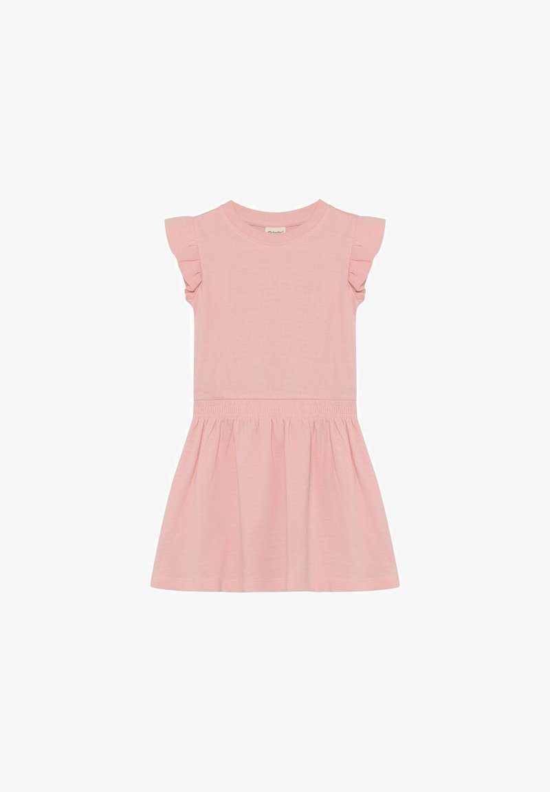 Robe enfantine rose clair avec manches courtes volantées, encolure ronde, taille élastique et jupe froncée.