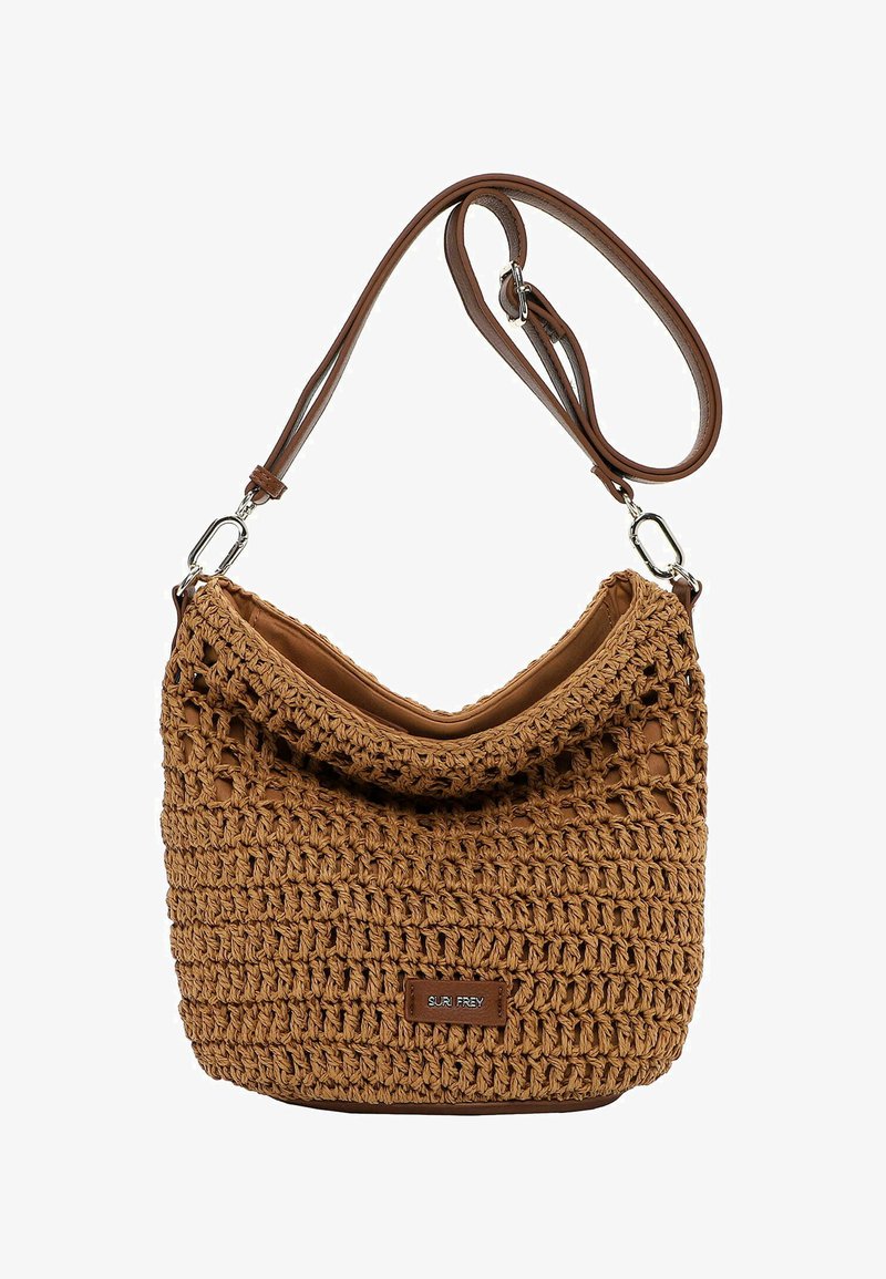 Pruun põimitud õlakott reguleeritava nahast rihmaga ja esiküljel ristkülikukujuline brändi märgiga, pealt lukustamata.