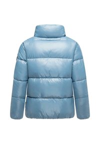 Light blue puffer jacket with a high collar, quilted design, and smooth, glossy texture. Features a straight silhouette and long sleeves.