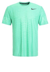 Camiseta de manga corta en verde menta hecha de un material ligero, con un patrón texturizado de pequeños triángulos y un logo negro de Nike en el pecho.