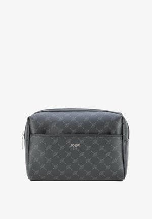 Black synthetic toiletry bag with a textured finish, featuring a subtle logo and a repeating geometric pattern. Rectangular shape with zip closure.