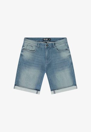 Lichtblauwe denimshorts met een vervaagde finish. Voorzien van een omgeslagen zoom, twee voorzakken en een knoopsluiting. Label geeft maat M aan.