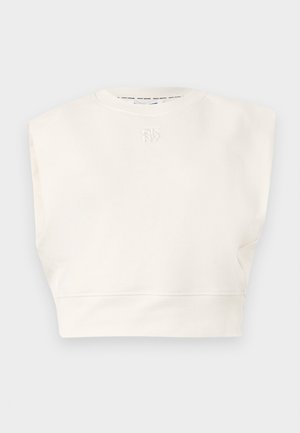 Cream-colored cropped sweatshirt with a round neck and short sleeves. Features an embroidered logo on the front and a soft texture.