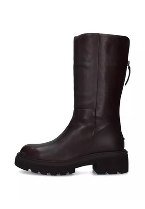 Stivale marrone in pelle altezza ginocchio, con punta arrotondata, suola spessa e zip laterale. Caratterizzato da una finitura liscia e una suola testurizzata per un migliore grip.