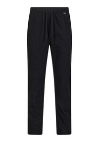 Sorte sweatpants lavet af blødt bomuld med elastisk talje, justerbar snøring og lige ben; uden lommer eller mønstre.