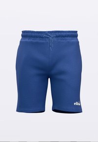 Sinised spordipüksid, valmistatud tekstuurse kangaga, millel on elastne vöökoht, nöör ja valge logo alumisel eesmisel osal.