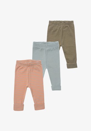 Drei Paare gestreifte Leggings: koralle mit orangefarbenen Streifen, hellblau mit weißen Streifen und dunkelbraun mit dünnen beigen Streifen. Elastische Taillenbunde.