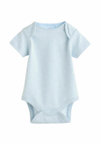 Lyseblå kortærmet bodystocking med subtile hvide prikker, lavet af blødt stof, med tryklåse i bunden for nem påklædning.