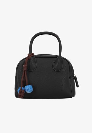 Schwarze Lederhandtasche mit strukturierter Oberfläche, abgerundetem oberen Teil, kurzen Griffen und dekorativen Knoten in Blau und Braun. Reißverschluss an der Seite.