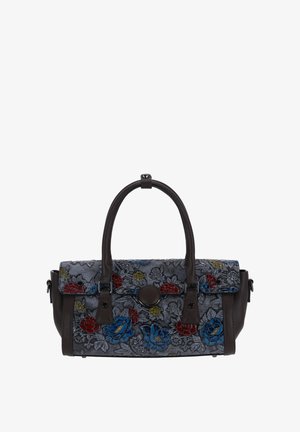 Grijze handtas met geborduurde bloemen in rood, blauw en geel, voorzien van donkerbruine leren accenten en twee hengsels.